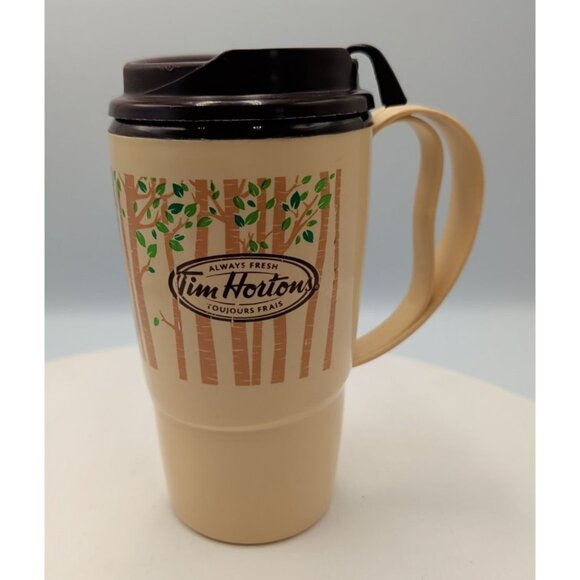 Tim Hortons Other - Tim Hortons Insulated Thermo-Serve Forest Trees Beige Coffee Travel Mug Vintage